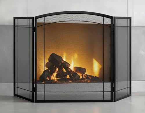 FEED GARDEN 3 Panel Fireplace Screen 48 W x 29 H Modern Foldable with Wrought Metal Decorative Mesh,Arch Heavy Duty Fire Spark Guard Cover for Home Decor Indoor, Black
