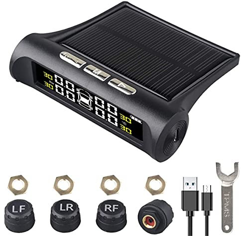 ESLOYSUN TPMS Solar ReifendruckKontrollsystem Universal Wireless Car Alarm wasserdichte 4 externen Sensoren 6 Alarmmodi Reifendruck Autoalarmsyste Echtzeit Druck und Temperatur für Auto, SUV, KFZ