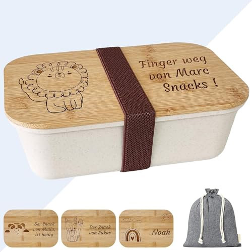 KDO MAGIC - Snackbox Personalisierte - Vorname eingraviert - Anpassbare Abdeckung - Weiße Farbe - Essensbox - Geschenkidee für Kind, Geburtstag, Schule (Löwe)