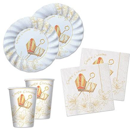 Set 36 pezzi - Kit Coordinato tavola SANTA CRESIMA - Colore Bianco e Crema con Bastone e Cappello Vescovale e Bibbia - decoro buffet feste - 8 piatti + 8 Bicchieri + 20 tovaglioli