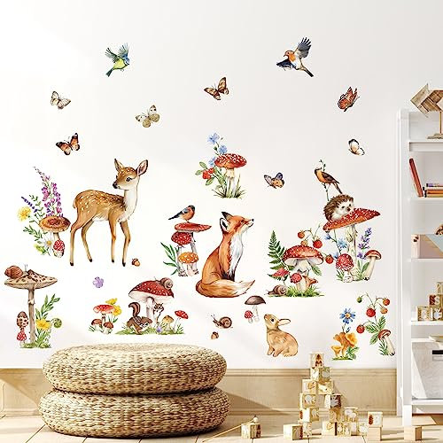 wondever Wandtattoo Waldtiere Hirsch Wandaufkleber Fuchs Pilze Blumen Wandsticker Wanddeko für Kinderzimmer Babyzimmer Schlafzimmer