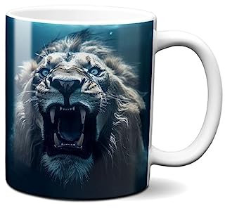 Hustling Sharks® Tasse mit Tier - Löwe brüllt unter Wasser - Geschenk Kaffeetasse - 330ml Spülmaschinenfest, Keramik - weiß, Tassen mit Tiermotiv, Tasse Motivation, Tasse Büro, Tasse Löwe