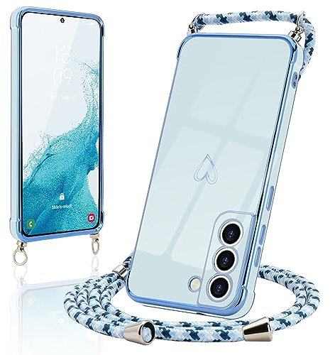 Micoden Handykette kompatibel mit Samsung Galaxy S22 5G Ultra dünn Kameraschutz Herz Love Design Galvanik TPU Silikon Bumper Kordel zum Umhängen Handyhülle mit Band,Blau