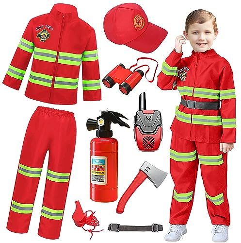 Kids Fireman Costume Fire Firefighter Dress-Up Set With Accessories Firefighter Toy Set Fire Outfit Pretend Play Toys For Boys And Girls Birthday Halloween Carnaval Cosplay Party 2-3 Years,01 Red 100