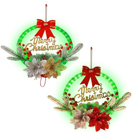 2 Stück Weihnachtskranz mit Beleuchtung, LED Weihnachtsgirlande mit Timer, Weihnachten Türkranz Batteriebetrieben für Haustür, Kamin, Wanddekoration, Weihnachten Deko (C)