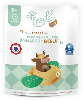Happylal Baby Repas Halal Bébé 9 mois | Écrasé de Pommes de Terre, Épinard, Bœuf | Petits pots Certifiés Halal | Diversification alimentaire bébé | Fabriqué en France | Lot 10 x 190g