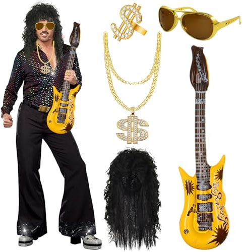 Hpbaggy 5 Stück Hippie Kostüm Herren, 70er 80er Jahre Outfit Herren mit Hippie Perücke, Brille, Halskette, Ring, Gitarrenmodell, Disco Kostüm Zubehör,für Cosplay Party Karneval Halloween