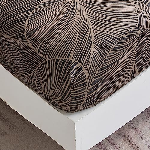 Spannbettlaken 200x200 cm - Tropisches Blättermuster - Spannbettuch Bis 30 cm Matratzenhöhe - Bettlaken Weiche Polyester-Mikrofaser Braun