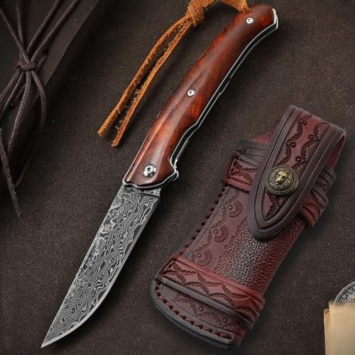 Omesio Zweihandmesser Taschenmesser damast mit Lederscheide, Geschmiedetes Vg10 Damaststahl Holzgriff Klappmesser