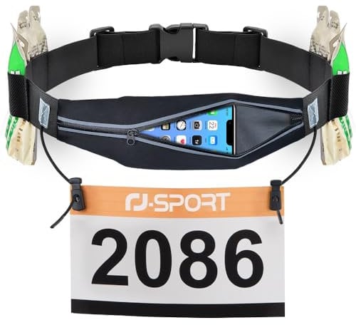 RJ-Sport Running Belt - Waterproof Sports Waist Bag, Triathlon Race Number Strap, Running Belt with Bum Bag & Adjustable Elastic Band & Number Holder & 6 Gel Loops