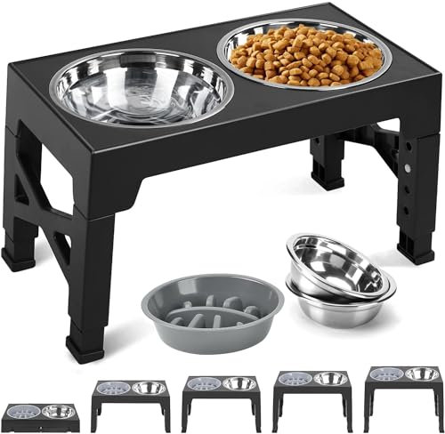 TUAHOO Gamelle Surélevées de 5 Hauteurs réglables, Gamelle pour Chien avec 2 Bols en Acier Inoxydable de 1,2L et 1 Gamelle Anti-Glouton, Convient aux Petits, Moyens et Grands Chiens