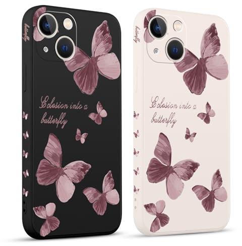 ZhuoFan 2 Pack Butterfly Pattern Case for Apple iPhone 13 6,1 inches With Print Girls Women Kawaii,Shockproof Protective Soft TPU Design Aesthetic Funny Matte Cover Cases, 03