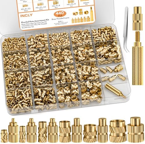 INCLY 440PCS Threaded Inserts M2 M2.5 M3 M4 M5 M6 Female Thread Metric Knurled Nuts Assortment Kit Brass Heat Set Inserts for Plastic and 3D Printing Components