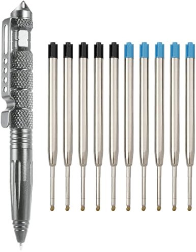 Regerly Tactical Pen, 1 Stück Taktischer Kugelschreiber Multifunktional Aluminium mit Glasbrecher und Selbstverteidigungs mit 5 blau 5 schwarze Nachfüllungen für Tactical Defense (Grau)