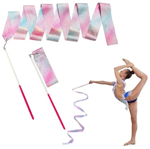 2 Pcs Ruban de Gymnastique Rythmique pour Enfants, Rubans de Danse Scintillants avec Baguette, Tournoyant Rubans pour Enfants Danse Artistique, Parfait pour Gym et Fitness, 2m de Long