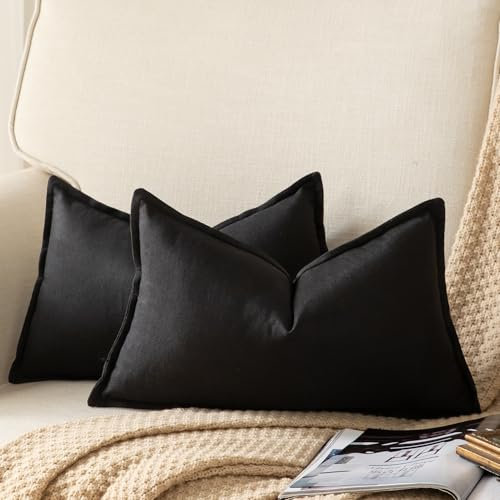 Yaertun 2er Set Leinen Reine Farbe dekorative Kissenbezug Moderne Kissenbezüge Schlafzimmer Sofa Wohnzimmer Dekokissen Bett Kissenhülle Sofakissen 40 x 60 cm Schwarz