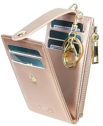 Cynure Women & Men Leather RFID Blocking Card Holder Slim Small Zipper Keychain Front Pocket Wallet with 2 ID Window, 1-Plain Rosegold