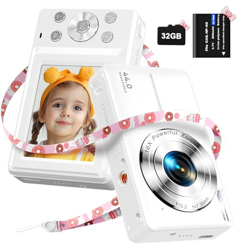 Cámara de Fotos con Tarjeta de Memoria 32G, 1080P Cámara Digital 44MP Camara Fotos Digital, Cámara Digital Compacta con Zoom Digital de 16x y 1 Pilas para Niños y Principiantes-Blanco