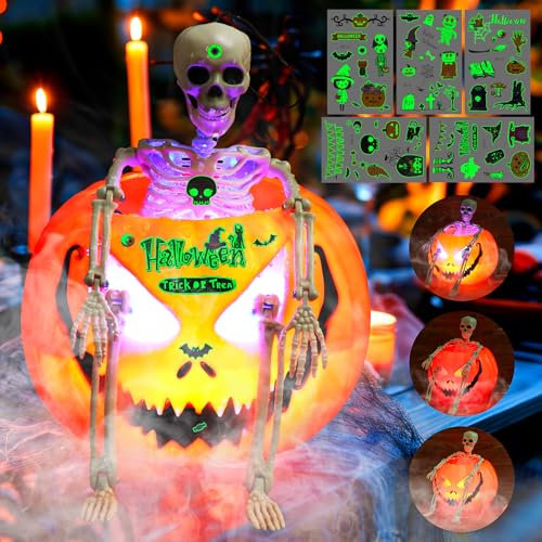 FHzytg Machine à fumée citrouille d'Halloween avec squelette en plastique, 12 LED de citrouille, nébuliseur de citrouille pour Halloween, nébuliseur à ultrasons pour décoration intérieure et