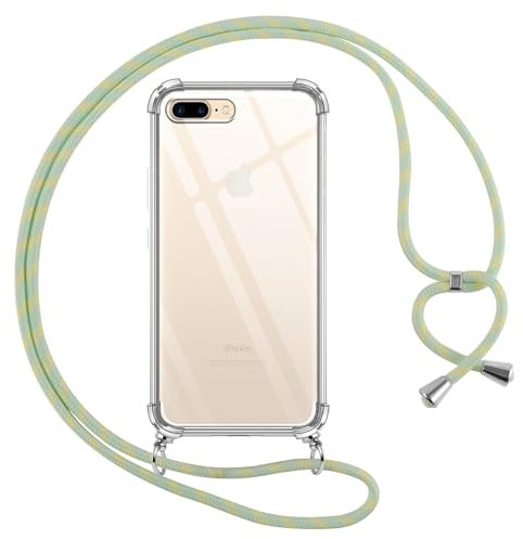 Pnakqil Funda para iPhone 8 Plus/iPhone 7 Plus con Cuerda, Carcasa Transparente Silicona Colgar Collar Correa de Cuello Cadena Cordón para iPhone 8 Plus 5.5 Fundas, Verde