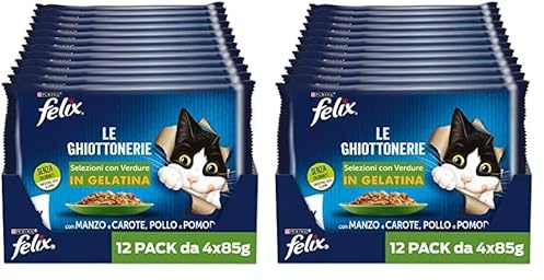 Purina Felix Le Ghiottonerie Cibo Umido per Gatti con Manzo e Carote e con Pollo e Pomodoro, 48 buste da 85g (Confezione da 2)