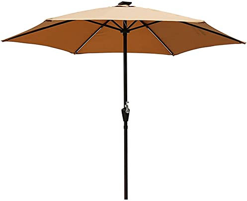 BeTlreo Garden Parasol Ø 2,7 m / 8.8ft Ombrello con avvolgio, ombrellone a LED Solare Terrazza Esterna Giardino Cafe Baldacchino, Ombrello Professionale Impermeabile e a Prova di UV(Khaki)