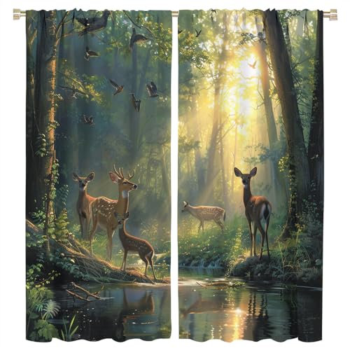 FYFMUSHE Verdunkelungsvorhänge mit Cartoon-Hirsch, Frühlingswald, Sonnenschein, niedliches Tier, Stangentasche, Fenstervorhänge, Raumverdunkelungsvorhänge für Schlafzimmer, 160 cm B x 183 cm L