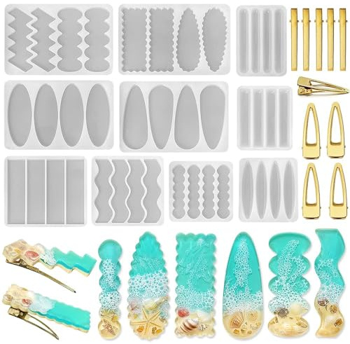 10 Piezas Moldes de Resina de Silicona para Joyas, Molde de Epoxi Resina para Horquillas y Accesorios de Bricolaje, Set Completo de Moldes de Fundición de Silicona para Horquillas de Mujer y Niña