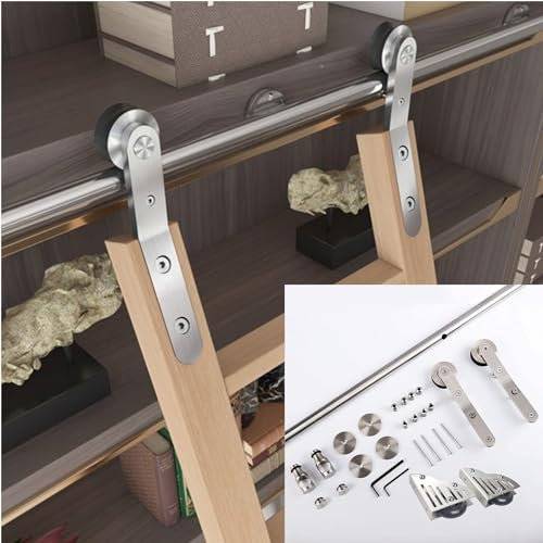 Rolling Library Ladder Hardware Kit Stainless Steel Sliding Ladder Door Hardware with Mobile Track Floor Roller Wheels for Easy Installation (No Ladder Included) Stable Quiet and Durable Size: 4ft