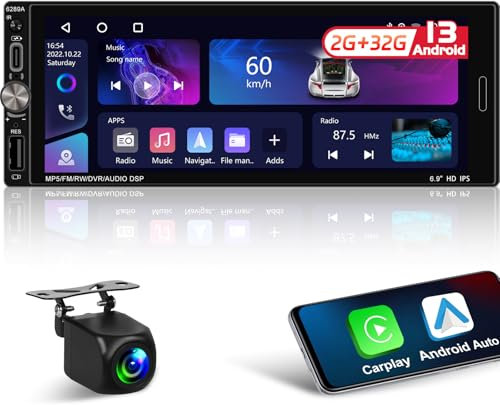 NHOPEEW 6,9 Pulgadas 1 DIN Android Car Radio con Inalámbrico Carplay y Android Auto - 1Din Carplay Car Radio Soporte WiFi GPS EQ DSP SWC FM RDS Split Screen + Cámara de Seguridad
