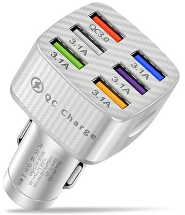 JNNJ Chargeur De Voiture Multi-USB, Charge Rapide 3.0 Adaptateur Allume-Cigare, Chargeur Voiture 6 Ports Multi-Protection, Accessoires Universels Décoratifs Intérieure pour Automobile(Blanc)