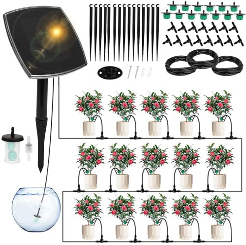 Sistema de Riego Solar para Jardín, 15M Manguera Kit Riego Kit Riego por Goteo Solar con 15 Micro Cabezales de Gote con 9 Programas de Riego para Maceta Huerto Terraza