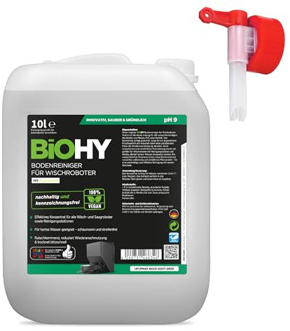 BiOHY Nettoyeur de sol pour station de nettoyage avec parfum frais (bidon de 10 l) + robinet de vidange, concentré de détergent pour tous les robots d'essuyage et d'aspiration avec fonction humide,