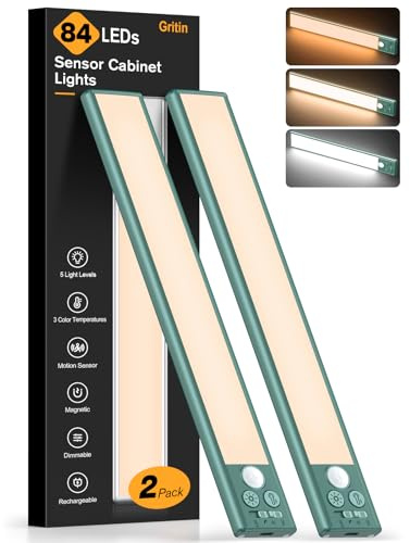 Gritin 26cm Schrankbeleuchtung Unterbauleuchte Küche LED Bewegungsmelder, hell Küche Licht Aufladbar,3 Farbe&5 Helligkeit,4 Modi,Einfach Montage Stark Magnet Schranklicht, 2 Stück-Dunkelgrün