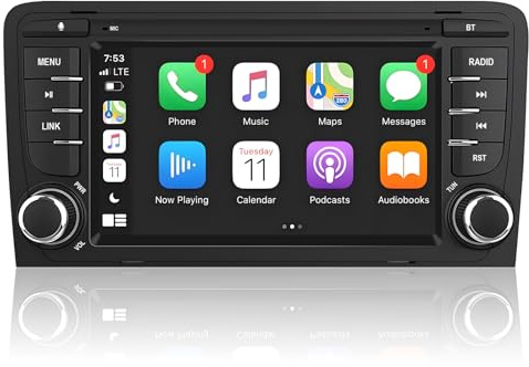RUXYAXFOL Car Radio compatible with Audi A3 2003–2012, S3, RS3. Supports wireless/wired CarPlay, Android Auto + Mirror Link. Features AM/FM/RDS/USB, 7-inch HD touchscreen
