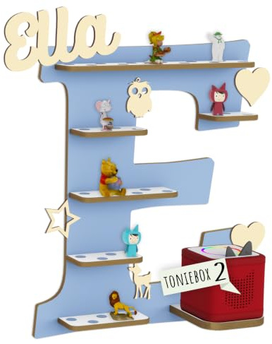 Holzura Tonie Regal für Toniebox, Toniebox Regal personalisiert mit Name und Holzsymbolen, Tonie Aufbewahrung (Buchstabe E)