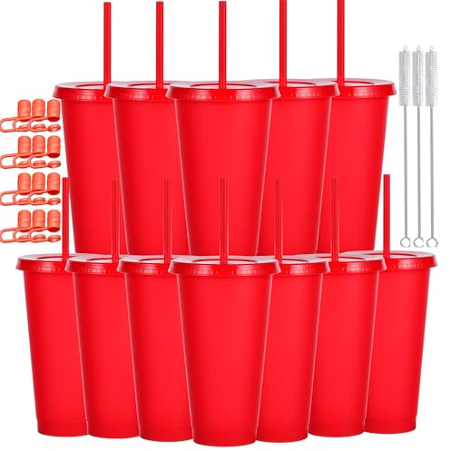 CuppaLifes 12 Pack Reusable Plastic Cups with Lids and Straws, 710ml Cold Tumbler Cups for Slushie and Drinks, Party Cups for Adults Travel Beach Picnic Birthdays (12, Red)