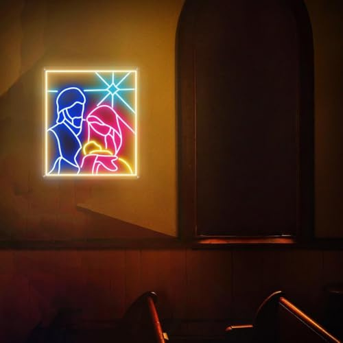 Weihnachtskrippe als Neon-Leuchtschild, Frohe Weihnachten als Neonlicht, Christliche Wanddekoration, Jesus-Schilder
