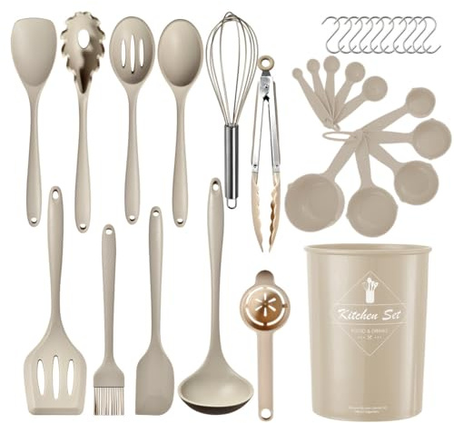 32 piezasJuego de utensilios de cocina de silicona Menaje Cocina, Fabricado en Silicona,resistentes al calor y antiadherentes con soporte para utensilios aptos para lavavajillas color Caqui (sin BPA)