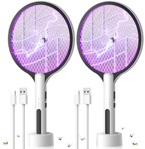 2PACK Electric Fly Swatter 4500V Bug Zapper Racket, 2 in 1 Handheld Fly Zapper & Purple Mosquito Killer Rechargeable and 3-Layer Safety for Indoor Home Office Backyard Patio Camping