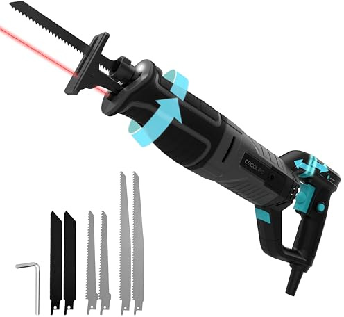 Cecotec Elektrisk sabelsåg - 6 skärblad - LongFlex 900 ShockAbsorber. 850 W, variabel hastighet, antivibrationssystem, roterande handtag, laserstyrning och LED-ljus, snabb bladbyte