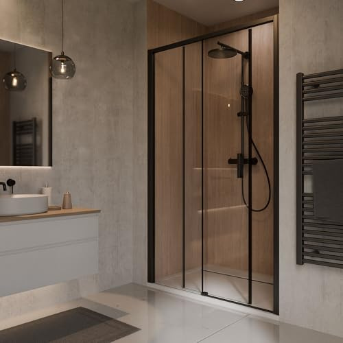 Schulte Duschschiebetür Sunny 120x200 cm Schwarz Matt – Duschwand in Nische ESG Glas 6 mm, Schiebetür Dusche, platzsparend, verstellbar, rahmengeführt