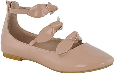 ESSEX GLAM New Womens Ballerina Ankle Strap with Bow Ladies Flat Pumps Loafers Shoes Size 3-8 Nude Patent