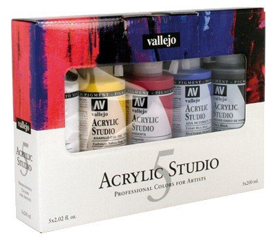 VALLEJO ACRYLIC STUDIO 5x200ML (Blanco de Titanio, Amarillo Cadmio Oscuro, Magenta, Azul Cyan, Negro Óxido de Hierro)