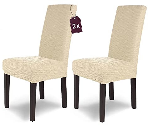 SCHEFFLER-Home Stuhlhussen Stretch Luna/Stuhlhussen Creme 2er Set/elastische Flanell Stuhlabdeckungen/Stuhlhussen Schwingstühle/Hussen Stuhl Überzieher mit Gummiband/Stuhlhussen Samt