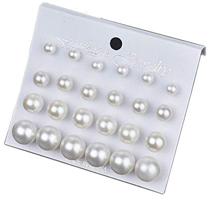 Pearl Earrings Studs for Women, White Pearl CZ Earrings Bridal Simulated Pearl Rhinestone Pearls Stud Earrings Jewelry Set for Wedding Birthday Christmas 12 Pairs