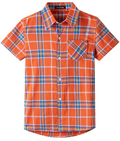 Spring&Gege Jungen Kurzarm Karo Hemd, Plaid Knopf Unten Hemd für Kinder, Orange, 7-8 Jahre