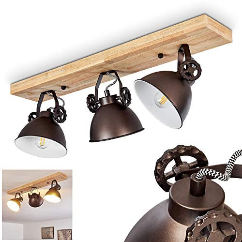 HOFSTEIN Deckenleuchte Svanfolk, Deckenlampe aus Metall/Holz in Schwarz-Braun/Natur, 3-flammig, mit verstellbaren Strahlern, 3 x E14-Fassung, Retro/Vinatge Design, ohne Leuchtmittel