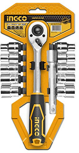 Ingco Jeu de Douilles 1/2-inch Cr-V 12 Pièces Cliquet à Dégagement Rapide Jeu d'outils de Clés HKTS12122