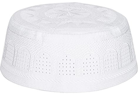Hapivida Islamische Muslimische Mütze Weiße Stickerei Beanie Mütze Herren Muslimische Islamische Gebet Baumwolle Strickmütze 57 für Eid Ramadan Pray Eid Giftid